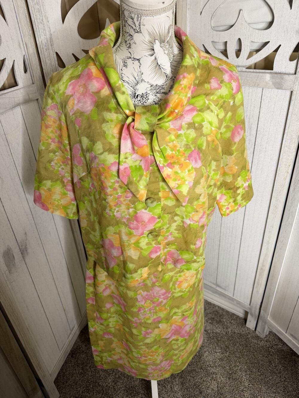 1960's Vintage Mod Retro Skirt & Top Bright Floral Print Secretary Sz Large